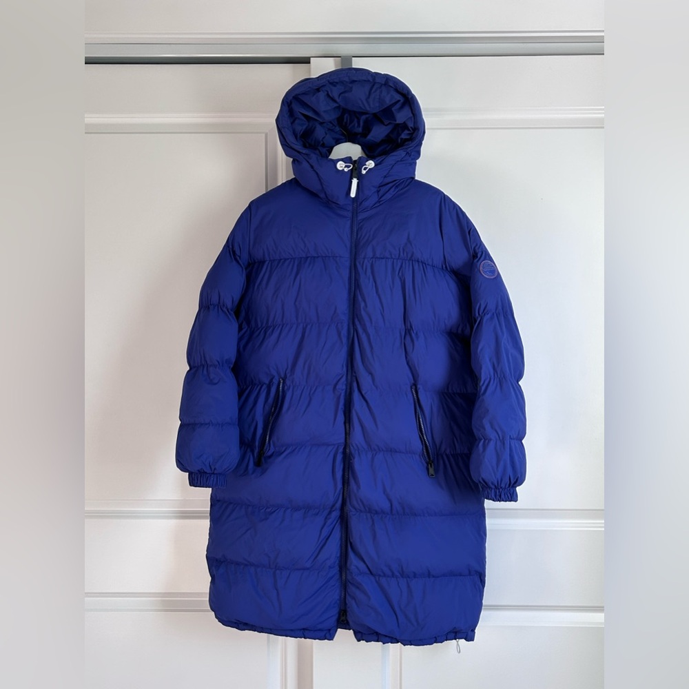 NAPAPIJRI Long Puffer Coat Women's Size S Padded Blue Water Repellent Hooded